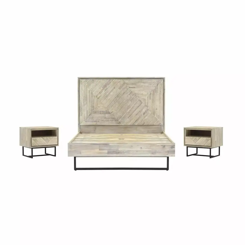 Homestock French Fabulous 3 Piece Bedroom Set in Natural Acacia Wood