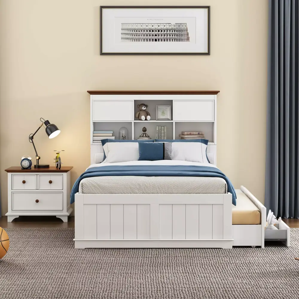2 Pieces Wooden Captain Bedroom Set Full Bed with Trundle and Nightstand in White and Walnut