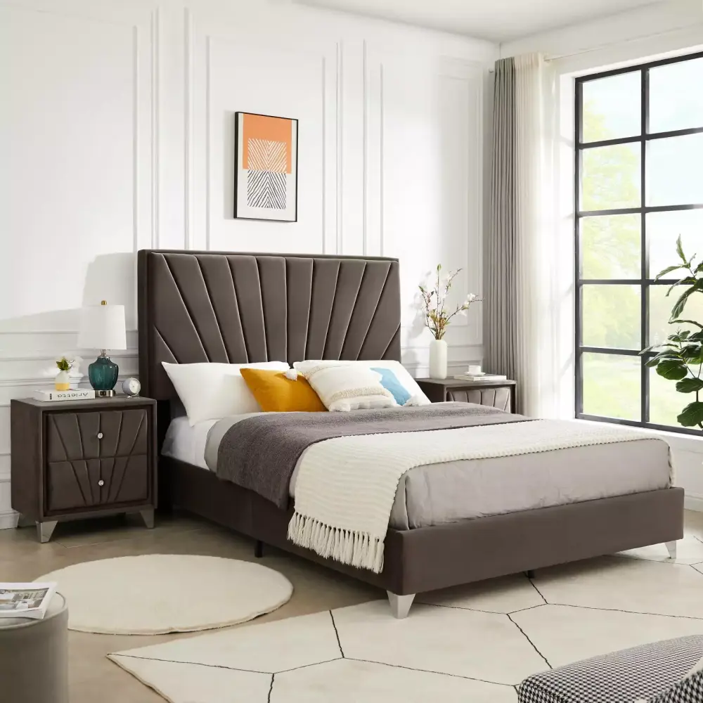 Contemporary Brown Full Bed Set with Nightstand and Velvet Upholstered Headboard
