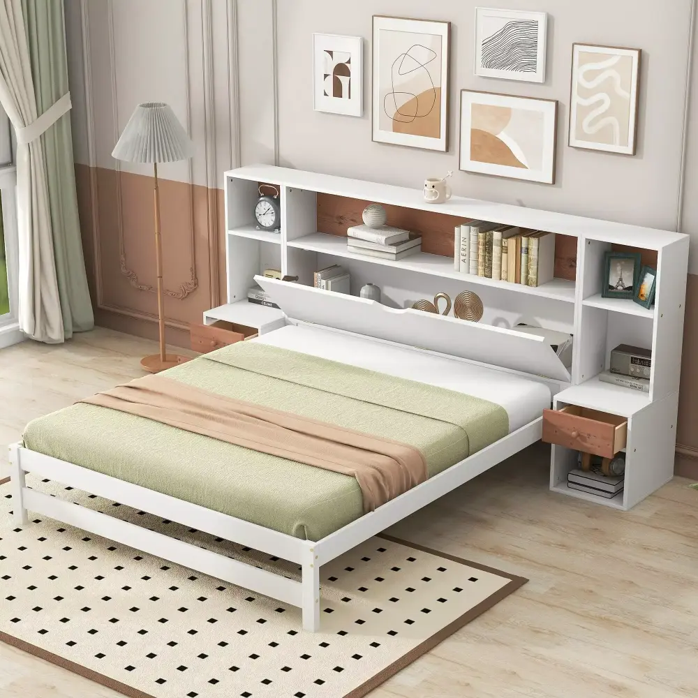 Brown White Full Bed with Storage Headboard and 2 Side Nightstands