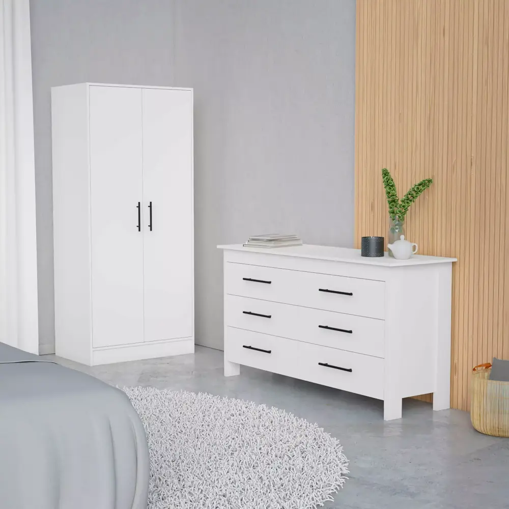 DeeHome Dakota White 2pc Bedroom Set with Nightstand and Dresser