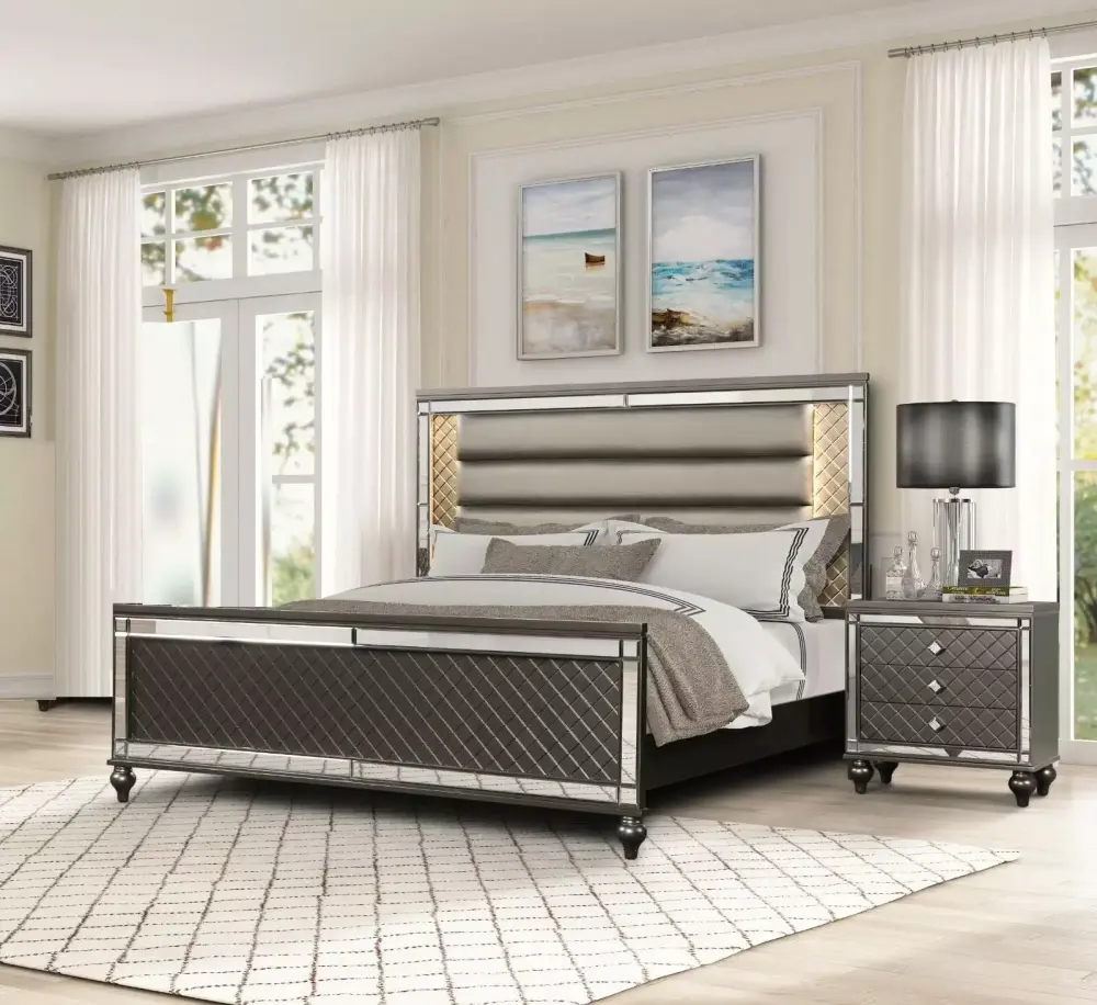 3-Piece Modern Full Size LED Lights Bed Set with 2 Nightstands in Charcoal Finish