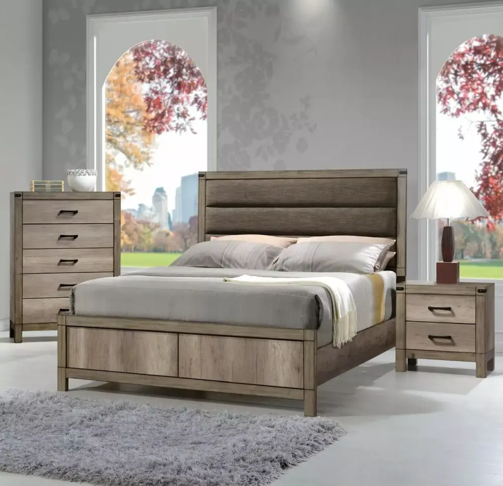 3pc Bedroom Set Full Size Upholstered Bed Chest Nightstand in Rustic Light Grey