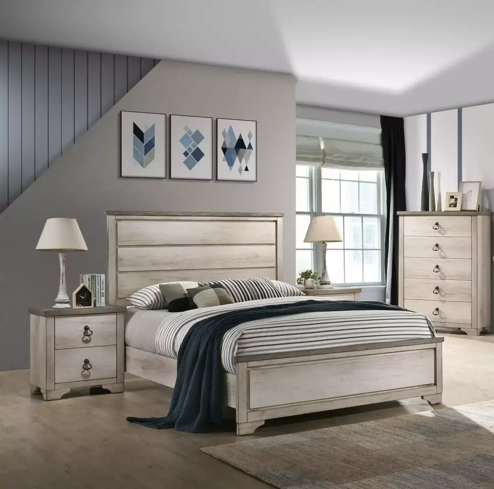 Cottage Style Two Tone Rustic Finish 3pc Full Size Bed Chest Nightstand Set Traditional Ring Pull