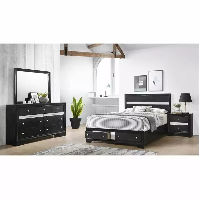 Matrix Traditional Full 4 PC Storage Bedroom Set in Black Wood Finish