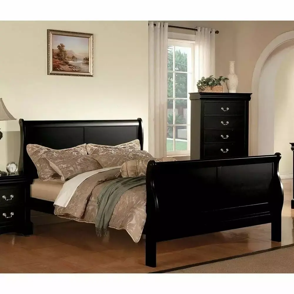 Traditional 5pc Full Bedroom Set Black Finish Louis Phillippe Style Dresser Mirror Nightstand Chest