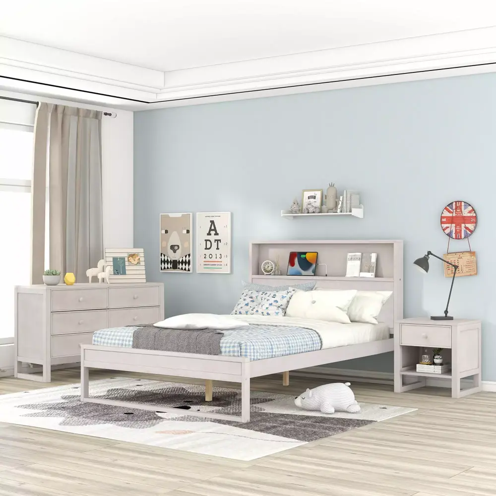 3-Piece Full Size Bedroom Set with Platform Bed Nightstand and Dresser in Antique White