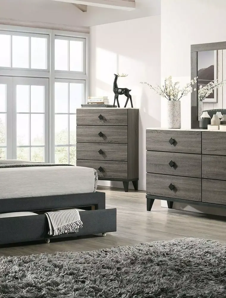 Modern Charcoal Full Size Tufted Burlap Fabric Bedroom Set with Dresser Mirror 2 Nightstands and Chest