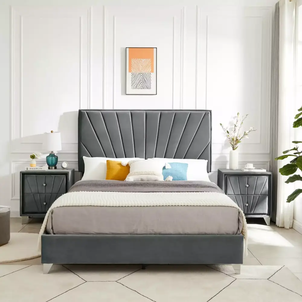 Gray Full Bed Combo with Line Stripe Cushion Headboard and Velvet Upholstery