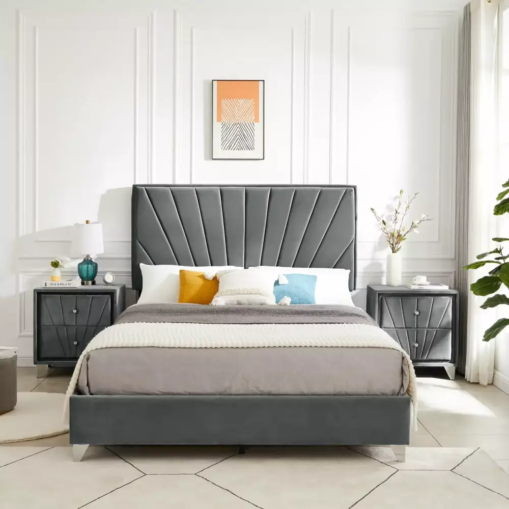 Gray Full Bed Set with Line Stripe Cushion Headboard and Velvet Upholstery