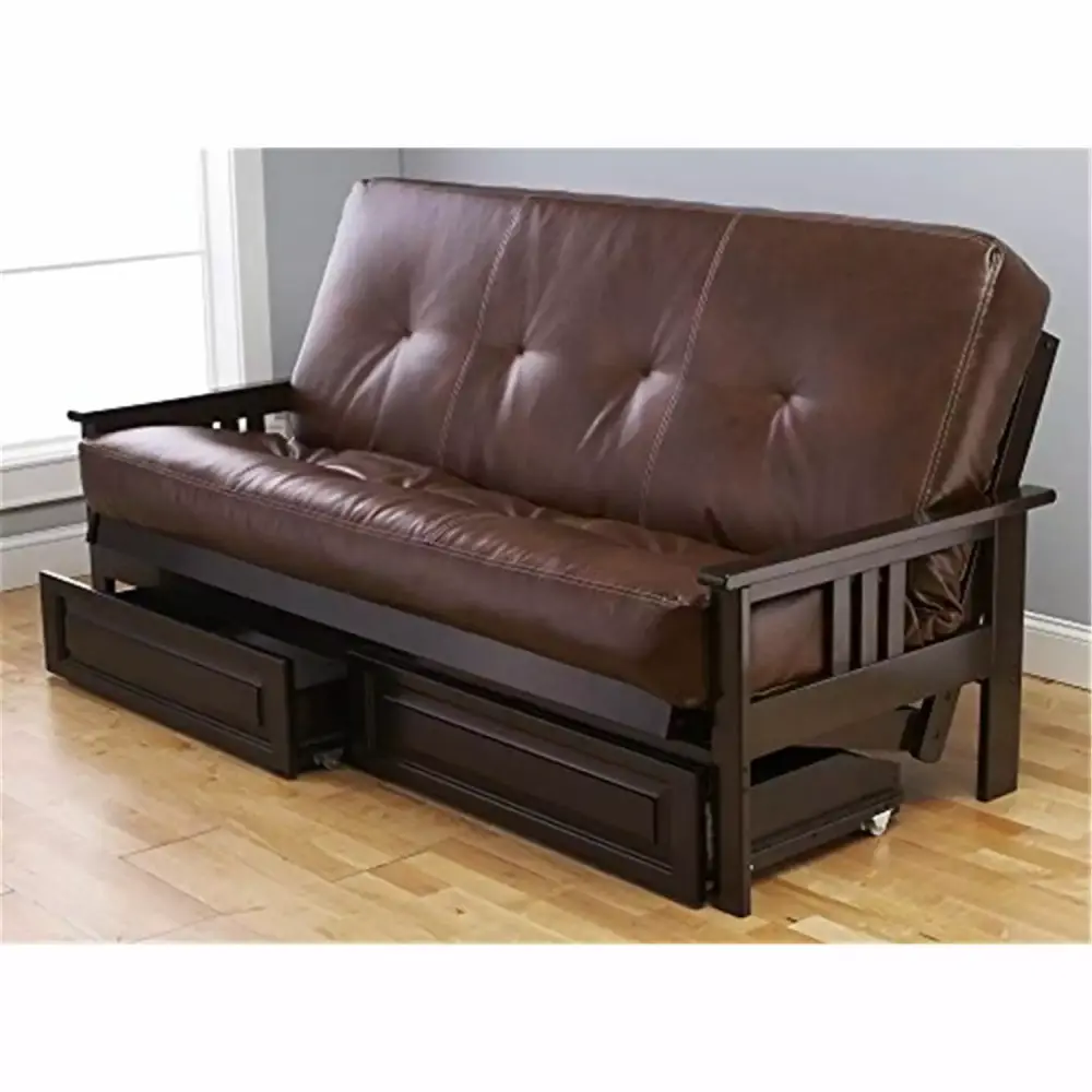 Homestock Retro Relaxation Full Futon Frame with Storage Drawers in Espresso Light Brown
