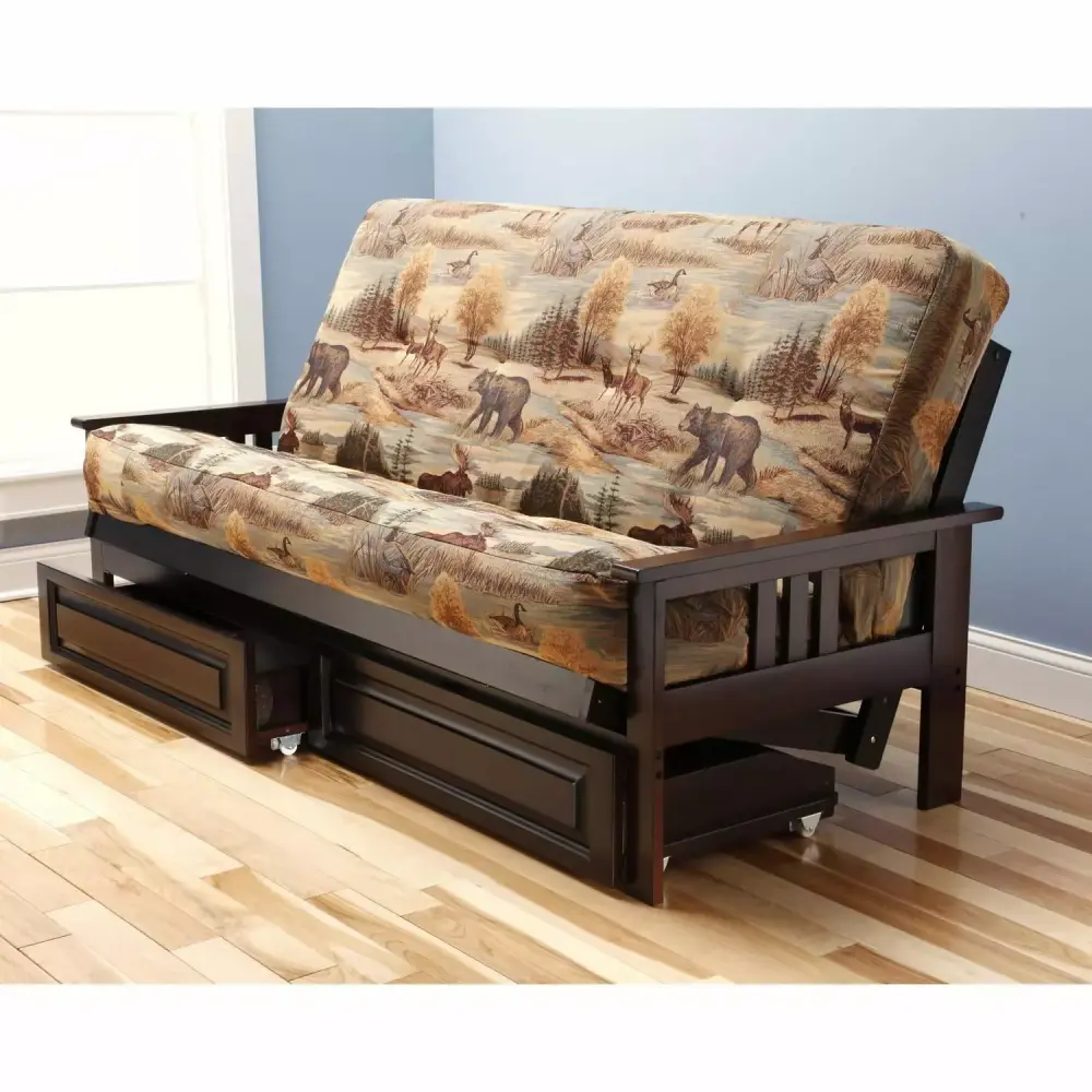 Homestock Vintage Vogue Full Futon Frame with Storage Drawers in Espresso Light Brown