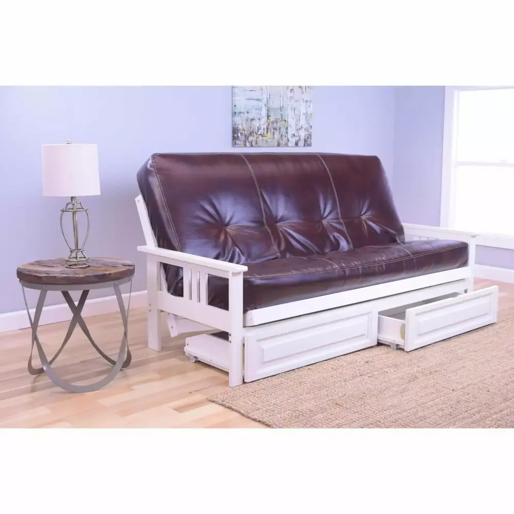 Maykoosh Southwestern Style Full Futon Frame with Storage Drawers in Antique White Dark Brown