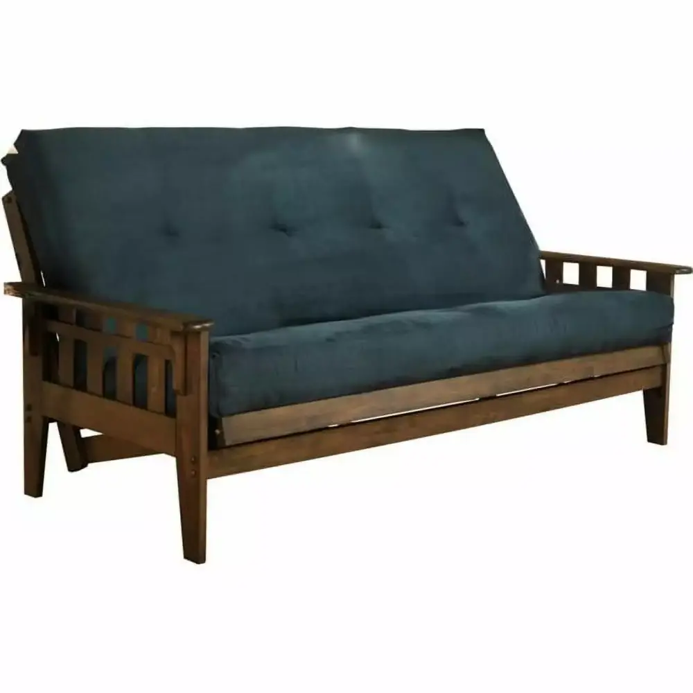 Tucson Rustic Walnut Futon Frame with Suede Navy Mattress in Full Size