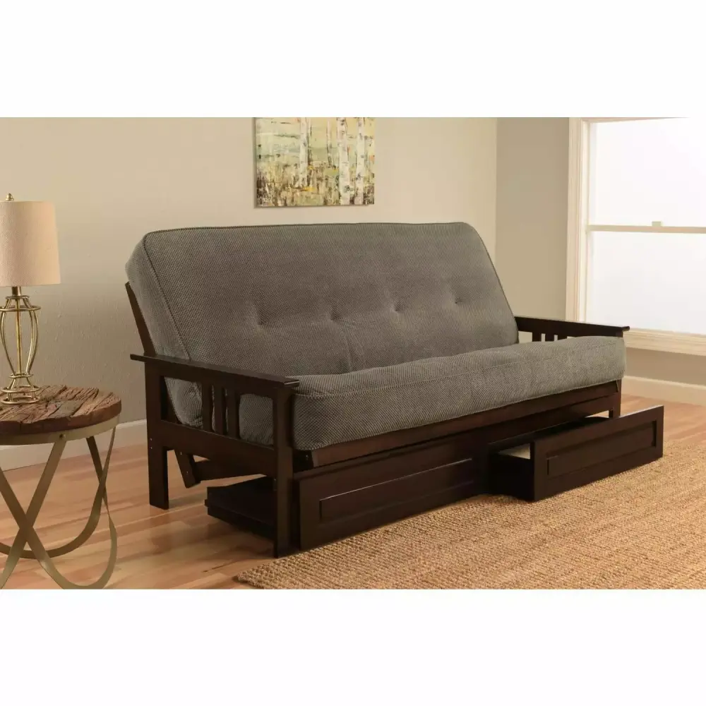 Homestock Antique Full Futon Frame with Storage Drawers in Espresso Blue
