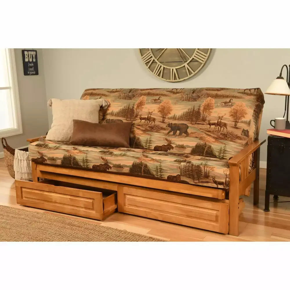 Homestock Artisanal Artistry Full Futon Frame with Storage Drawers in Butternut Brown