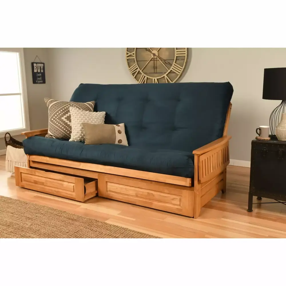 Kodiak Furniture Phoenix Futon with Suede Fabric Mattress in Blue and Butternut