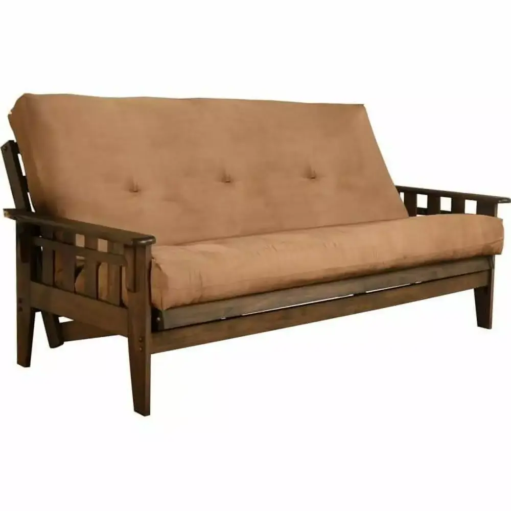 Kodiak Furniture Tucson Frame Futon with Suede Fabric Mattress in Tan Walnut