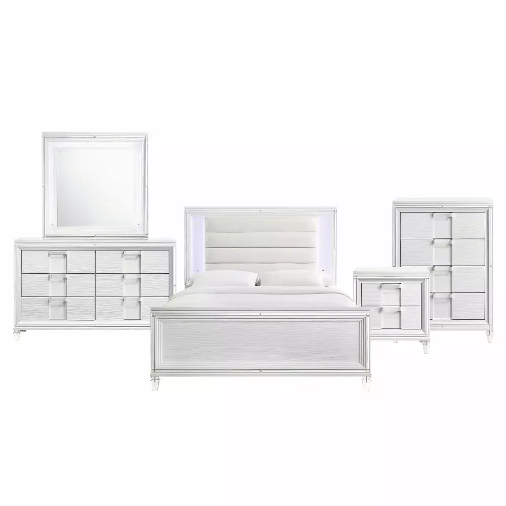 Picket Houtilize Furnishings Charlotte Youth Full Platform 5PC Bedroom Set in White with Dresser and Nightstand