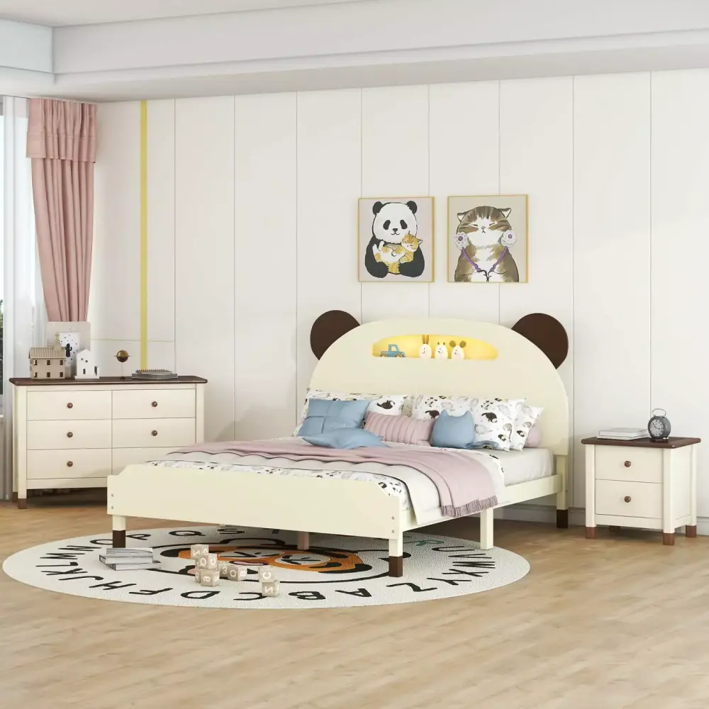 Cream and Walnut Bear-Shape Full Size Bedroom Set with Platform Bed Nightstand and Dresser
