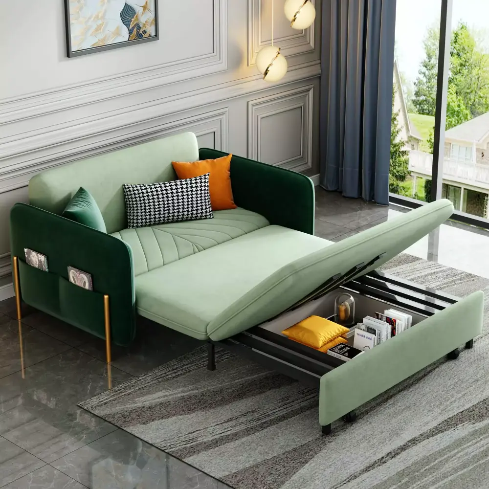 53.5 Full Sleeper Sofa Green Upholstered Convertible Sofa Bed 3 in 1 with Pullout Bed and Multi-Pockets