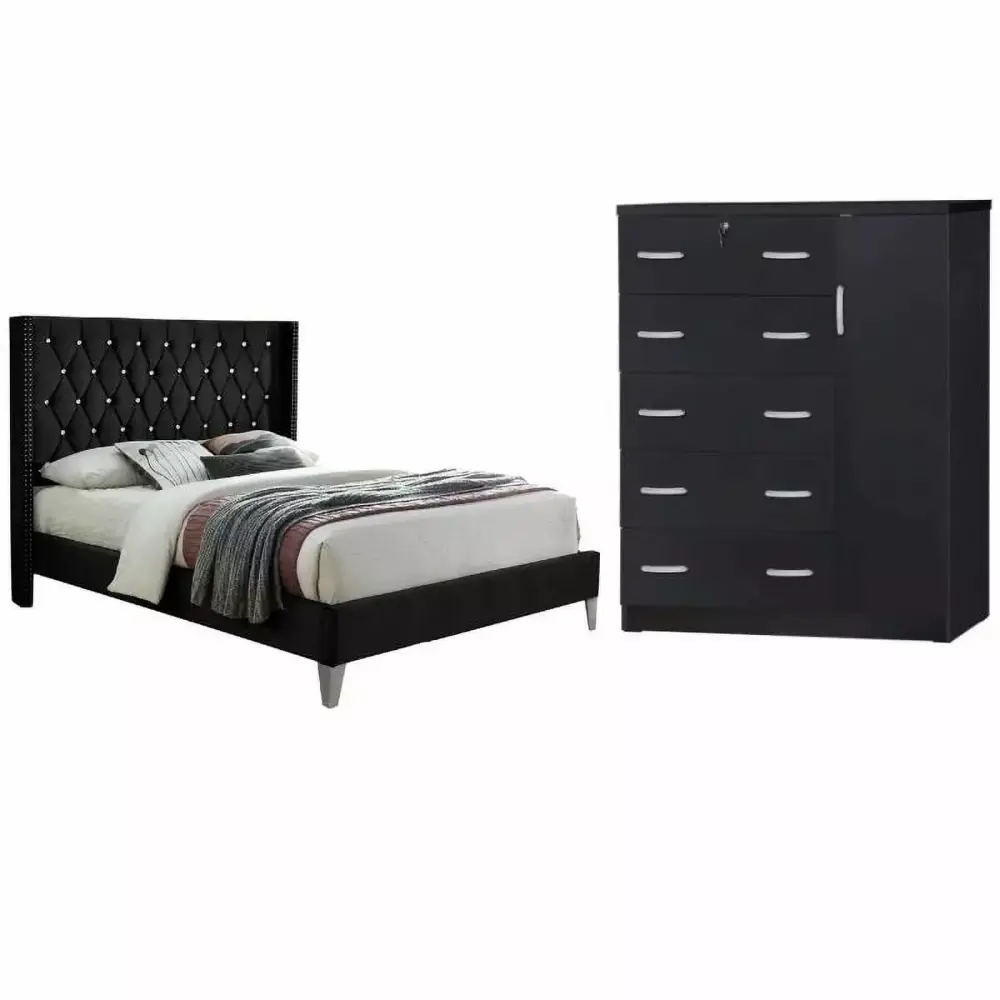 Home Square 2-Piece Full Size Platform Bed Set with 5-Drawer Tall Chest Wardrobe