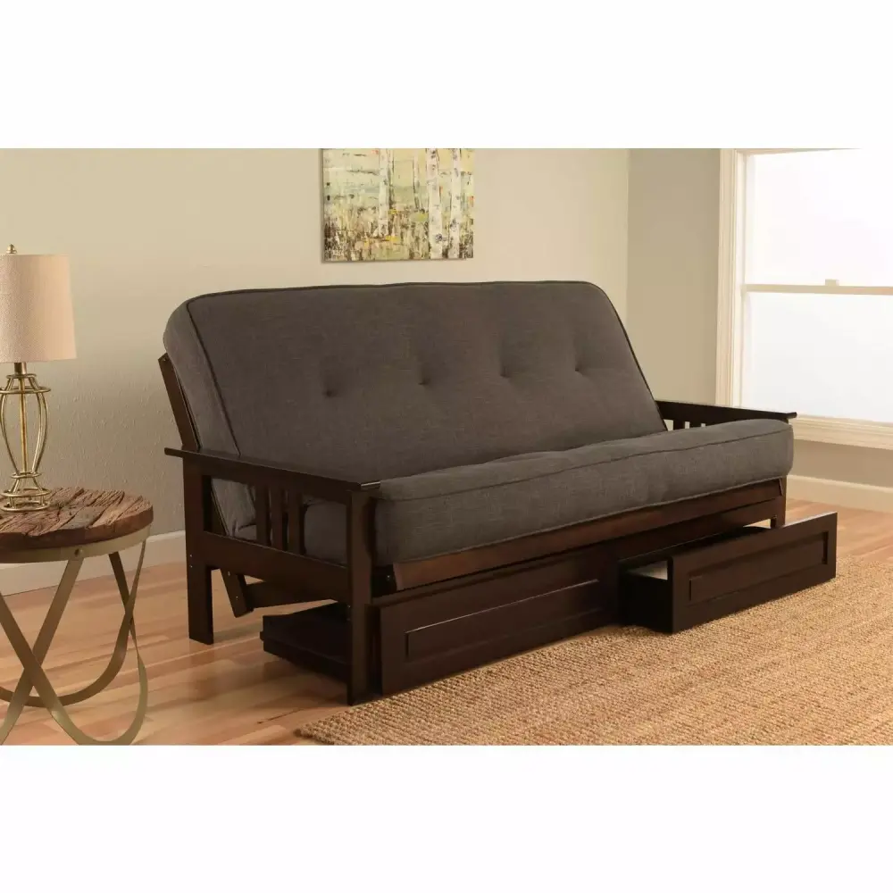 Homestock Art Deco Full Futon Frame with Storage Drawers in Espresso and Gray