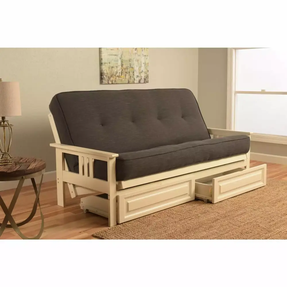 Homestock Victorian Full Futon Frame with Storage Drawers in Antique White and Dark Gray