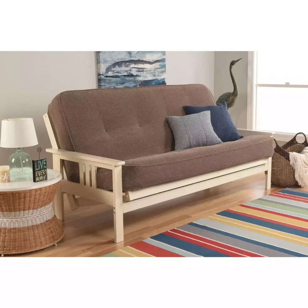 Homestock French Country Futon Frame with Antique White Finish and Marmont Mocha Mattress
