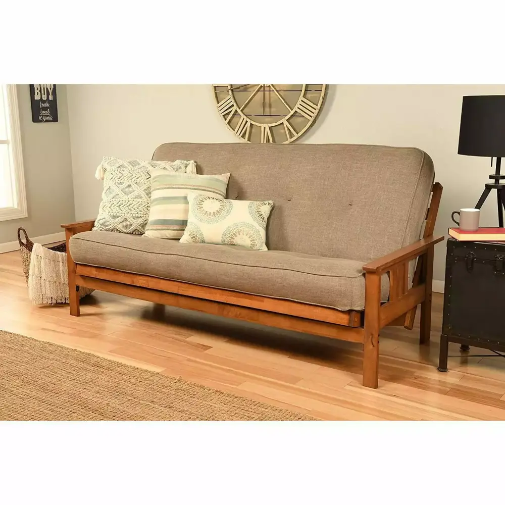 Homestock Retro Relaxation Futon Frame Barbados Finish Linen Stone Mattress