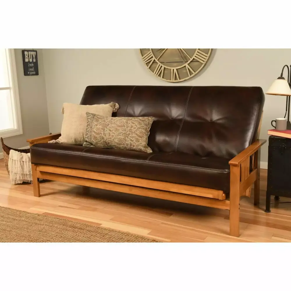 Homestock Victorian Vibes Futon Frame with Butternut Finish and Oregon Trail Java Mattress