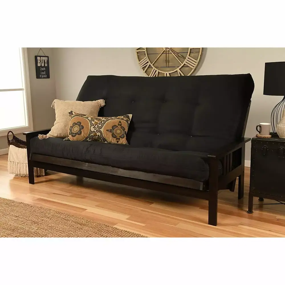 Maykoosh Natural Beauty Queen Futon Frame with Suede Black Mattress in Espresso Finish