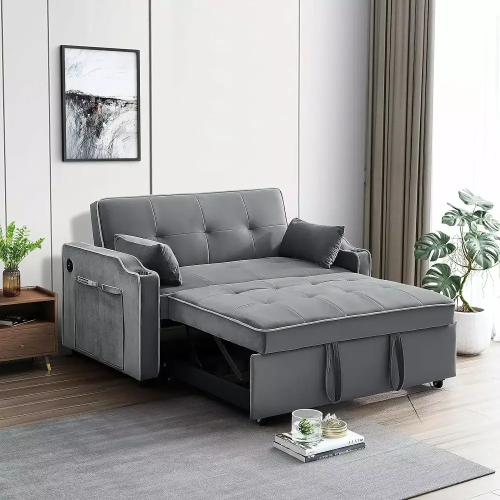 Zechuan Futon Couch with Pull Out Bed 3-in-1 Convertible Sleeper Sofa Bed Loveseat with Cup Holders and Pockets in Gray