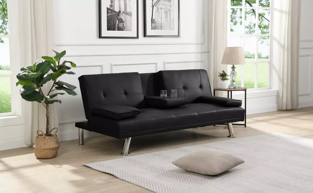 Sofa Bed with Armrest and Two Holders Wood Frame Stainless Legs Black PVC