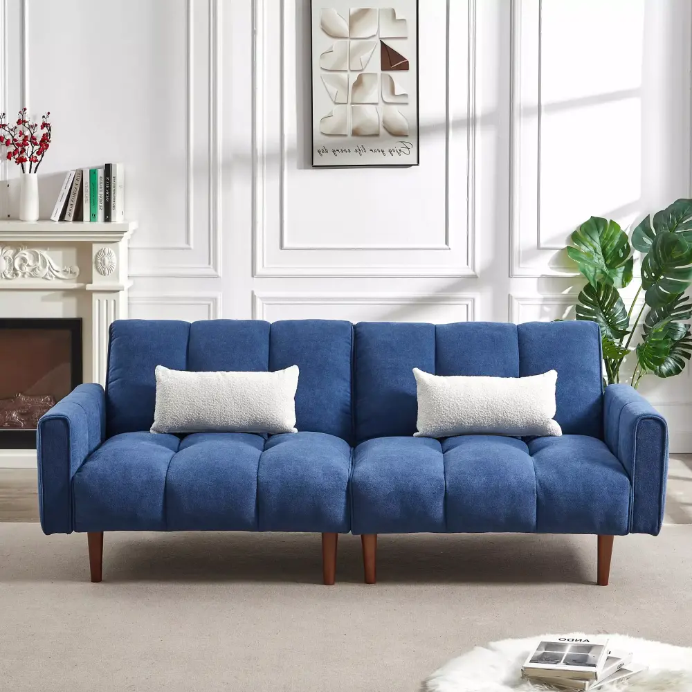Convertible Futon Sofa Bed with Wooden Legs and 2 Pillows in Blue Linen