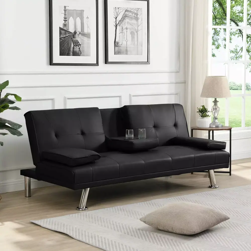 Sofa Bed with Armrest Two Holders Wood Frame Stainless Leg Futon Black PVC