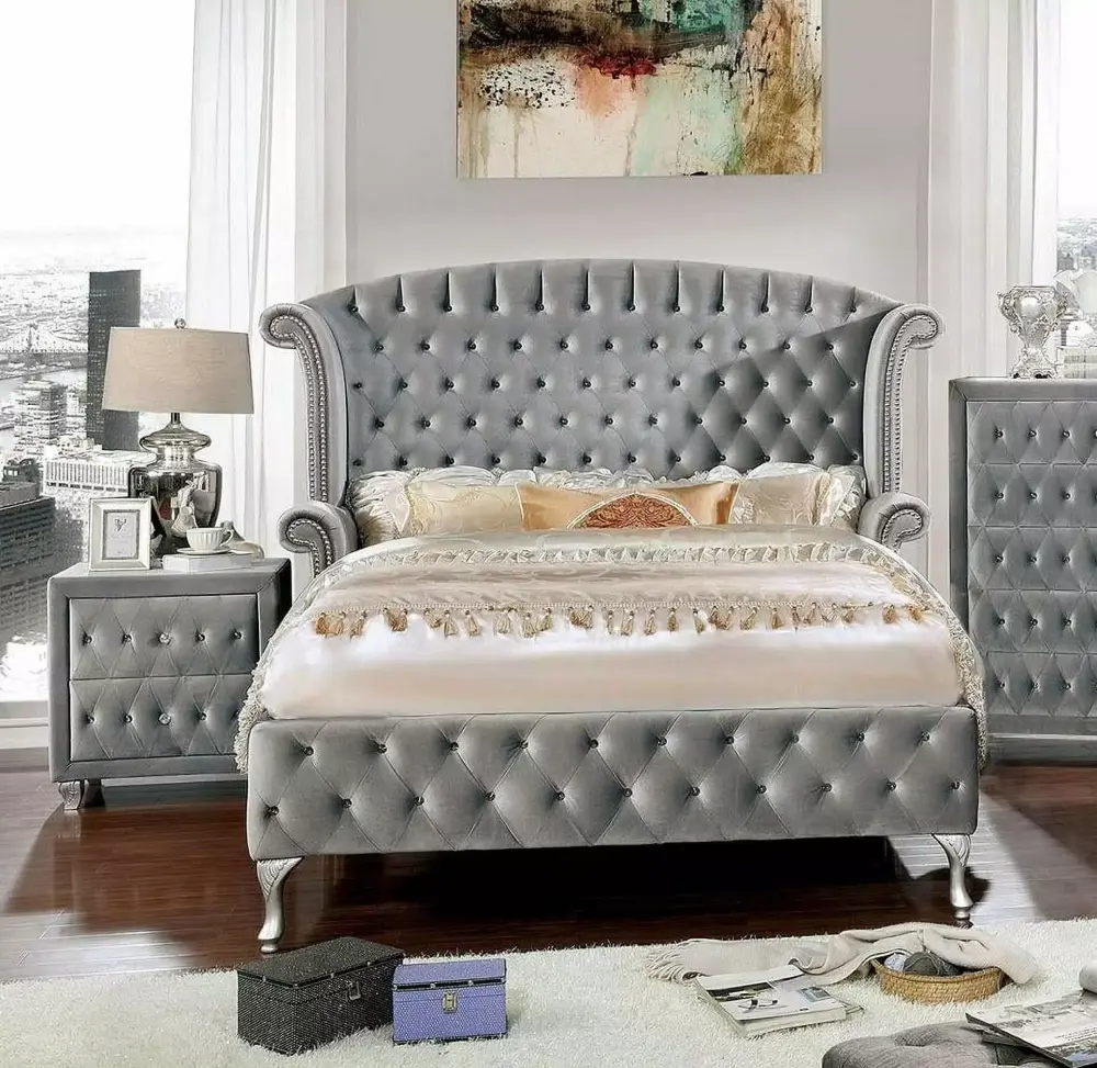 Glam Gray Solid Wood Queen Bedroom Set 3pcs Alzir FOA CM7150