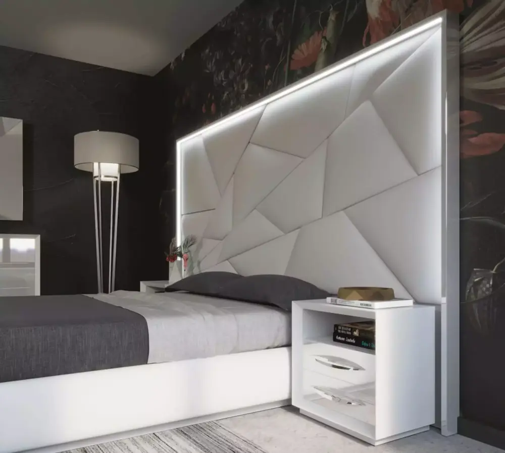 Glam Glossy White Majesty & Kiu King Bedroom Set 5Pcs with Light ESF Made in Spain