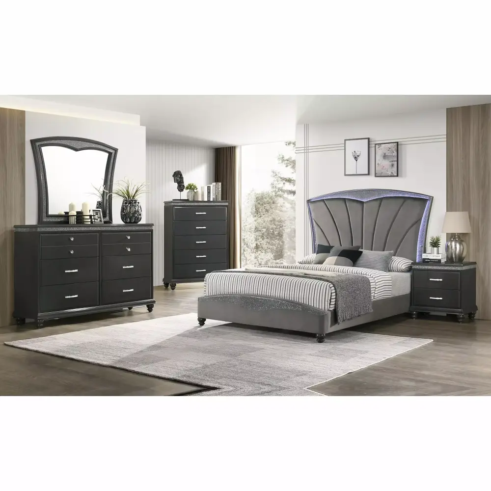 Elegant 5-Piece Queen Size Bed Set with Dresser Mirror Nightstand in Glam Style