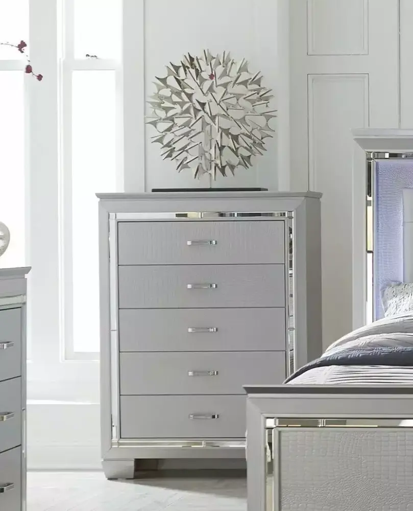 Glam Bedroom Set 5pc Full LED Bed Nightstand Mirror Dresser Silver Gray