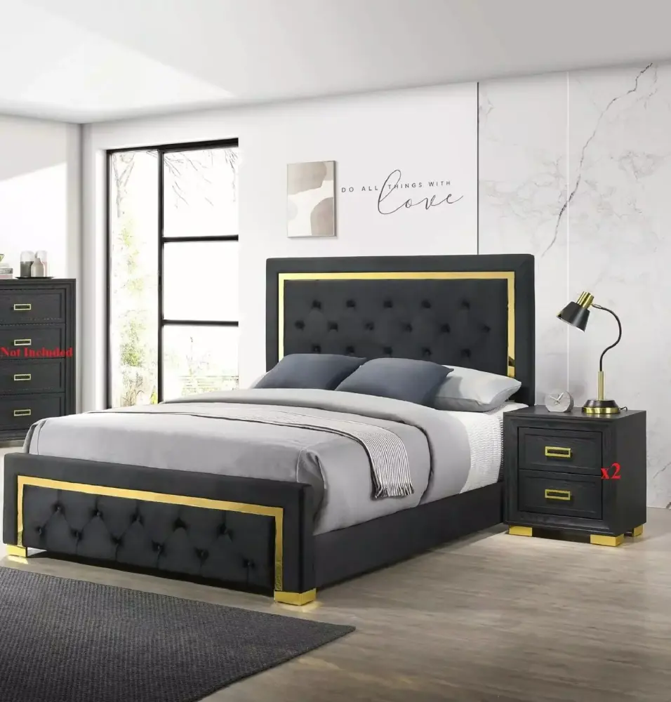 Modern Glam 3pc King Size Panel Bed Set with 2 Nightstands Gold Black Finish Bedroom Furniture