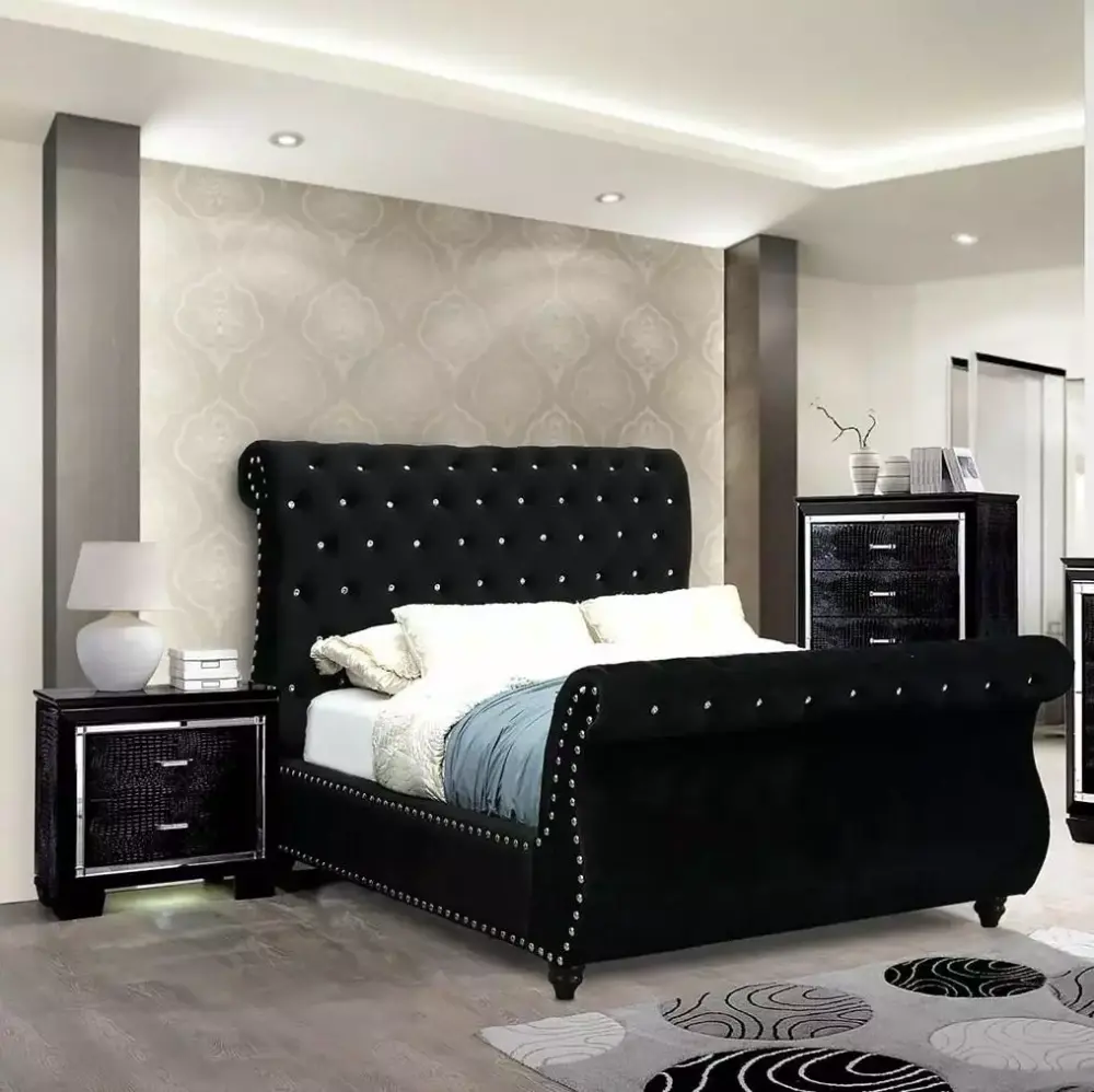 Glam Black Solid Wood King Bedroom Set 3pcs FOA CM7128BK-EK Noella