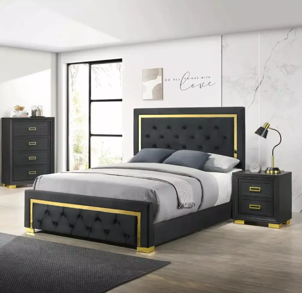 Modern Glam 3pc Queen Size Panel Bed Set with Chest and Nightstand Gold Black Finish