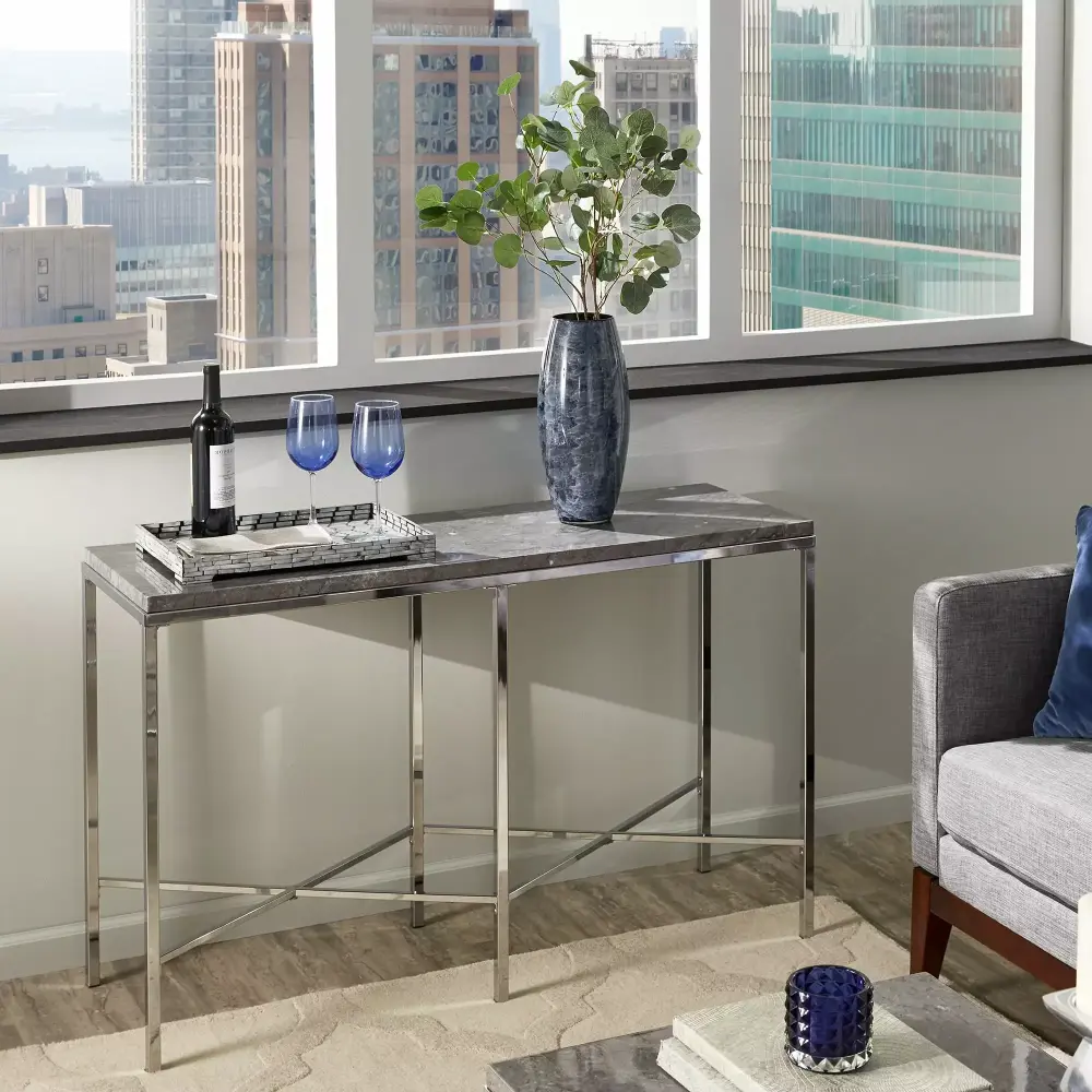 Weston Home Eevi Glam Sofa Table with Grey Faux Marble Top and Chrome Legs
