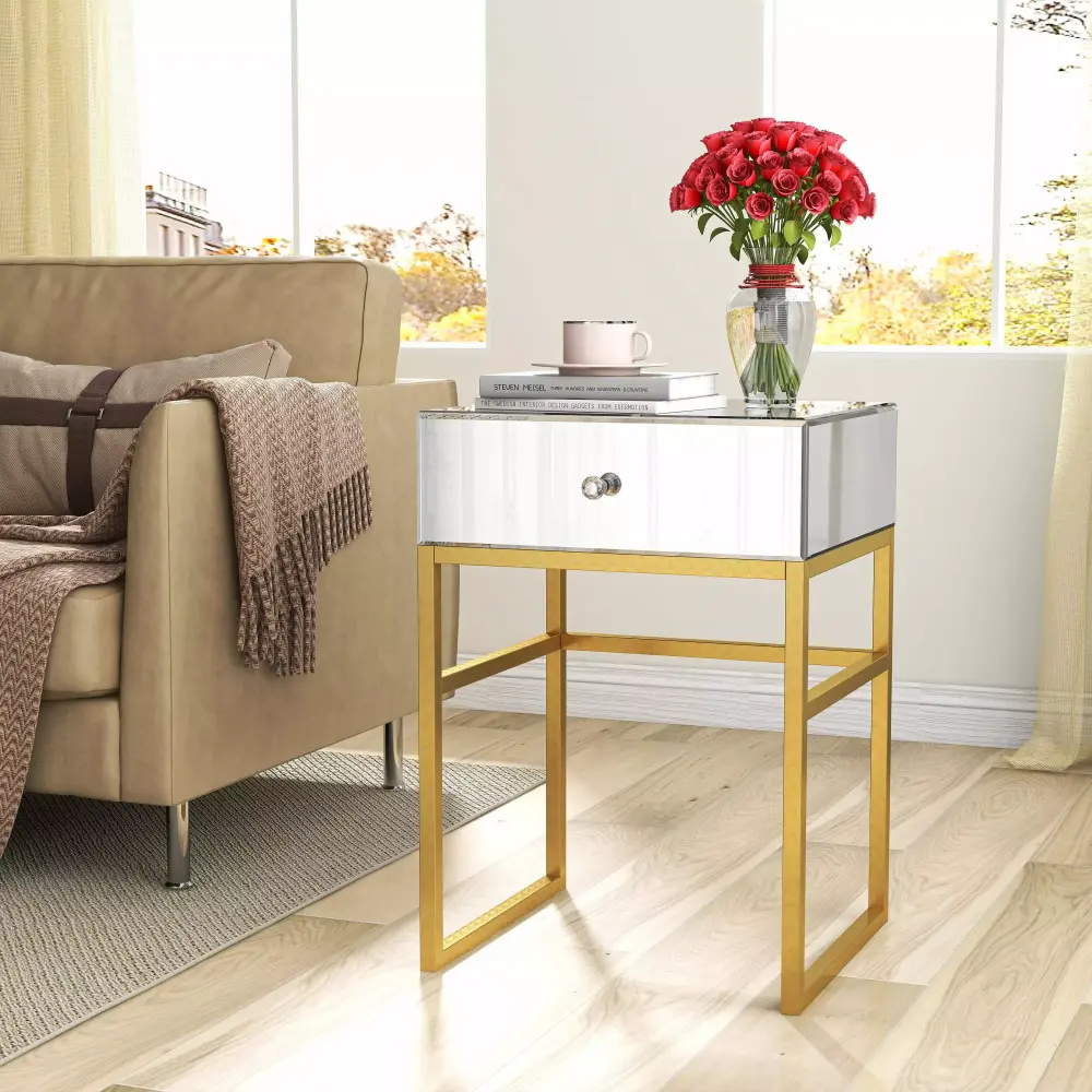 Mirror Nightstand with Drawer, Glam Side Table with Gold Metal Legs for Bedroom