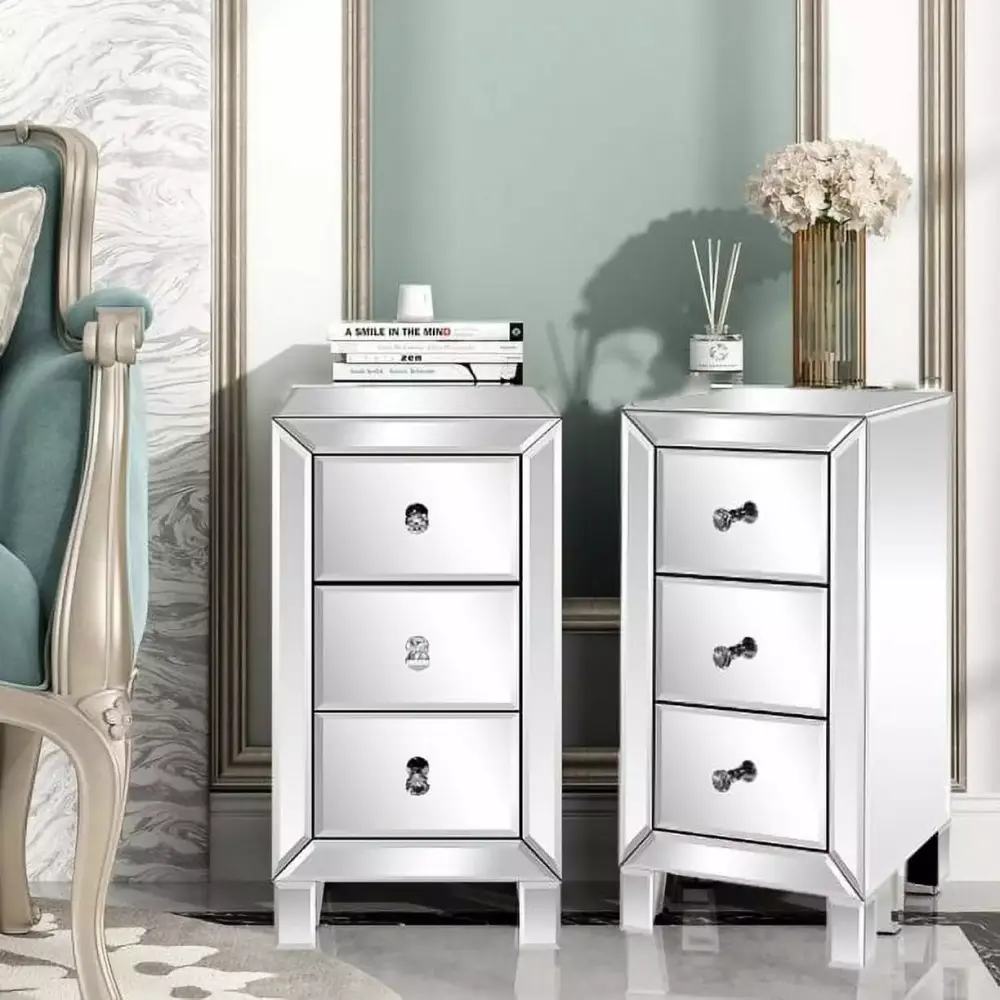UBesGoo Set of 2 Mirrored 3-Drawer Nightstand Bedside Table End Table Hollywood Regency Glamour Style Silver