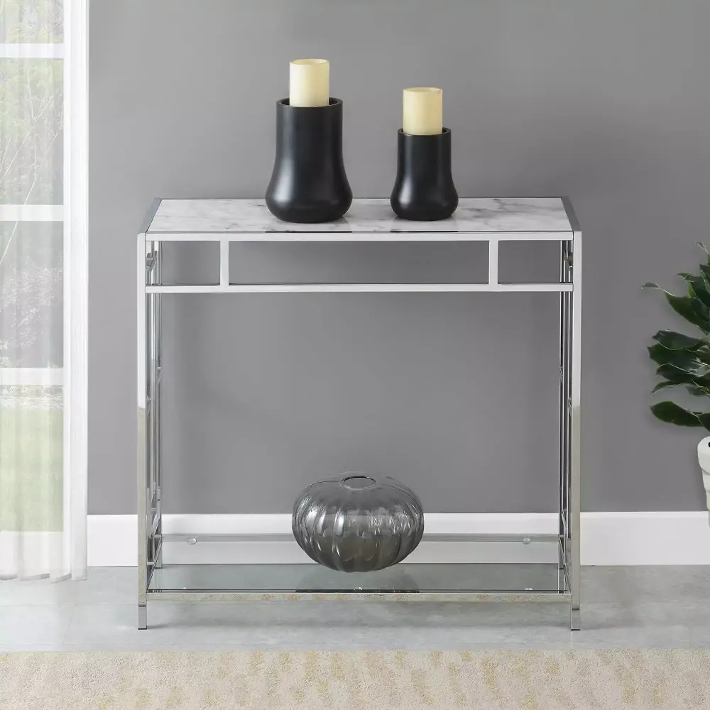 Convenience Concepts Town Square Chrome Faux Marble Glass Hall Table with Shelf in White Marble