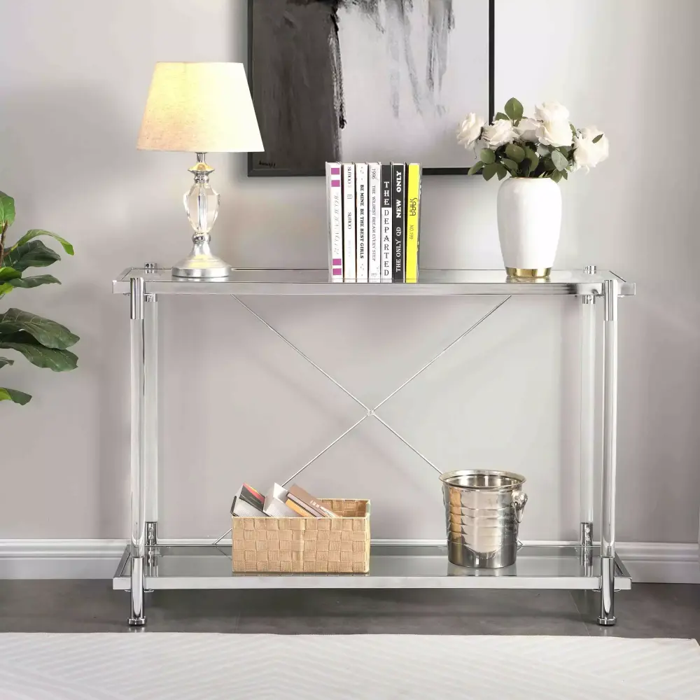 43.31 Chrome Glass Sofa Table - Acrylic Side Table for Living Room & Bedroom