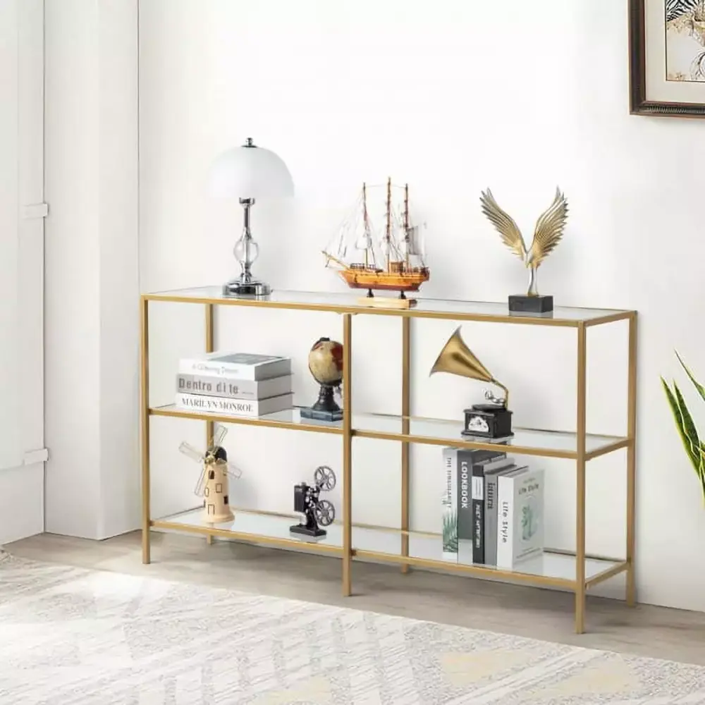 Fithood 51.2 Console Table Tempered Glass Sofa Table with Gold Metal Frame for Entryway or Hallway