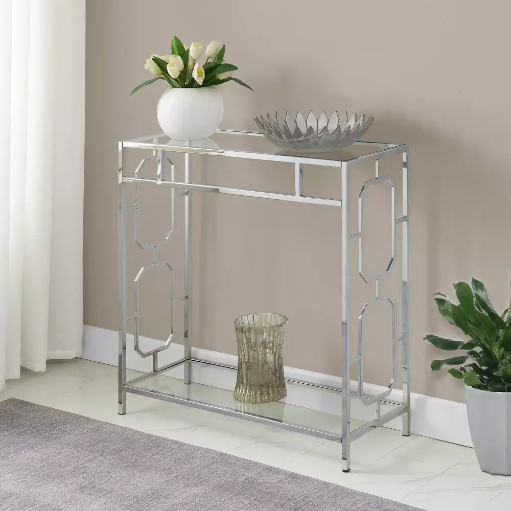 Convenience Concepts Omega Chrome Glass Hall Table with Shelf in Glass & Chrome Frame